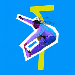 Poster. Contemporary art collage. Guy in casual clothes dancing energetic techno against vibrant blue background with doodles. Concept of carefree, music rhythm, party, disco. Trendy magazine style.