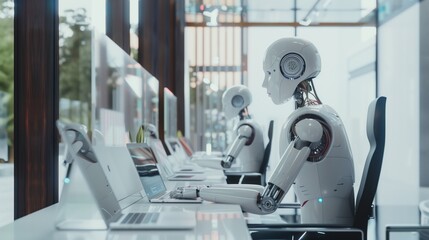 Futuristic robots working diligently at a modern office workspace, equipped with laptops.