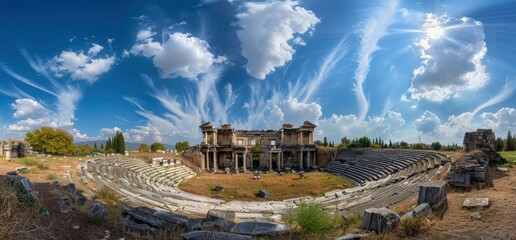 panoramic view of the ancient theater in turkey, blue sky with white clouds