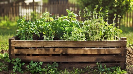 A wooden crate with a variety of fresh green potted culinary herbs planted outdoors in the backyard