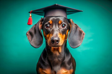 Playful Dachshund with Tiny Graduation Cap on Teal and Red Background