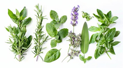 Creative rosemary, mint, lavender, sage and basil with fresh herbs bunch on top view, flat lay,...