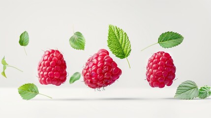 Three vibrant red raspberries floating with scattered green leaves on a light background.