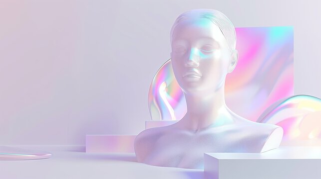 Abstract image featuring a holographic female bust with iridescent colors on a minimalistic base.