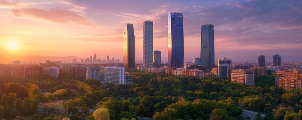 Cityscape with four modern office towers in Madrid