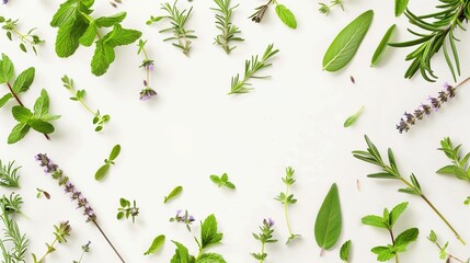Rosemary, mint, lavender, marjoram, sage, lemon balm and thyme layout. Creative frame with fresh herbs on white background. Top view, flat lay. Healthy eating and alternative medicine concept - Powered by Adobe