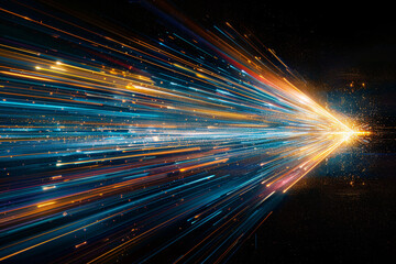 Dynamic abstract representation of light trails in motion on a dark background suggesting speed and technology