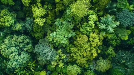 Naklejka premium Top-down view of a rich, green forest, highlighting the diversity in foliage and the beauty of nature from an aerial perspective.