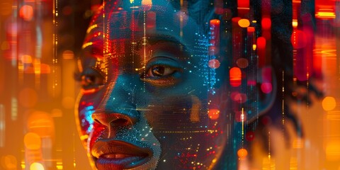 Hologram of the black woman face composed of vibrant digital pixels against the glowing digital data streams