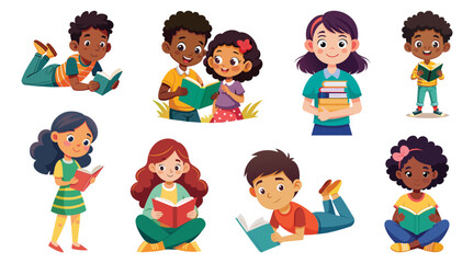 Group of children, black boys and girls engaged in reading and enjoying books, vector cartoon illustration.