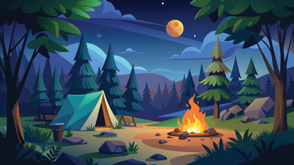 Tranquil night camping with tent and fire, vector cartoon illustration.