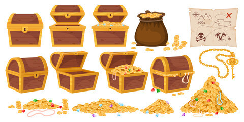Treasure chest. Pirate wealth. Gold coins and diamonds. Corsair map. Opened and closed wooden containers. Ancient golden key. Empty and full boxes with jewelry gems. Recent vector set