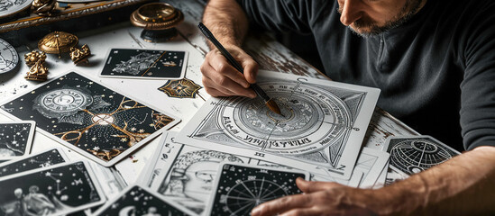 Astrology. Astrologer calculates natal chart and makes a forecast of fate Tarot cards, Fortune telling on tarot cards magic crystal, occultism, Esoteric background. Fortune telling,tarot predictions