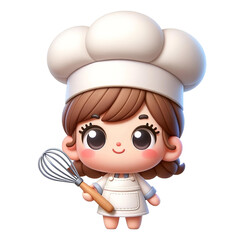 Charming cartoon female chef character smiling, holding a whisk, with a classic white chef hat and apron, against a dark backdrop.