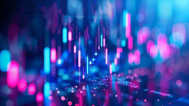 Vibrant abstract image of blue and pink light bokeh with stylized digital stock market bars.