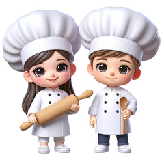 The cartoon boy and girl chefs are enthusiastically wielding their kitchen utensils as they prepare a delicious meal together.