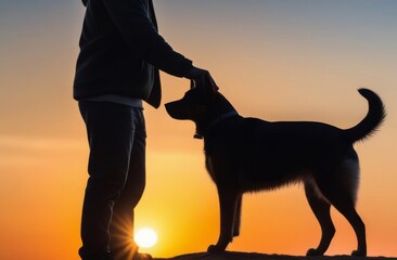 Man and dog in the rays of the setting sun