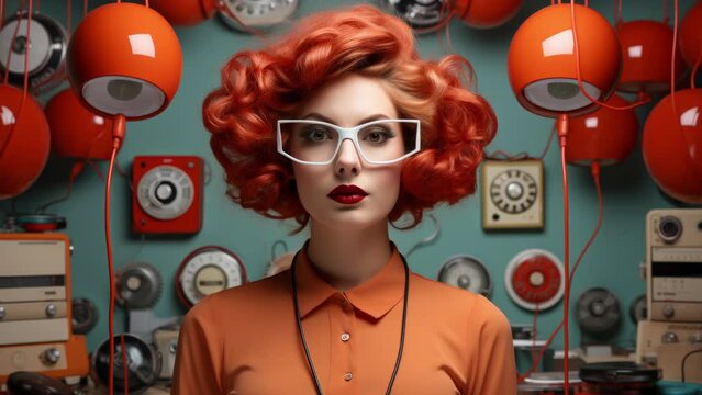 sequence of space age retro female robots with TV screen, headphones and helmets made with AI