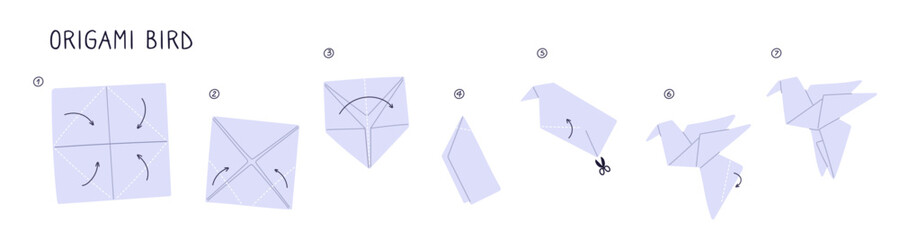 Obraz premium Origami scheme. Step by step instruction. Making Japanese crane guide. Folded paper bird. Friendship and good luck symbol. Asian hobby. Handmade pigeon manual. Garish vector concept