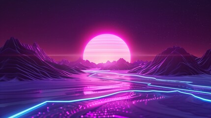 Futuristic landscape with neon lines and a large glowing pink sun at the horizon under a starry sky.