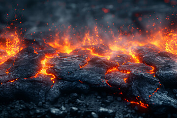 Intense fire close-up with lava flowing, apocalyptic landscape, nature power wallpaper background