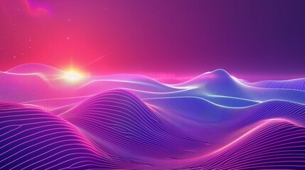 Vibrant digital landscape with neon pink and blue waves under a starry sky and bright sun.