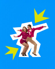Poster. Contemporary art collage. Man and woman in retro attire synchronously dance in disco style...