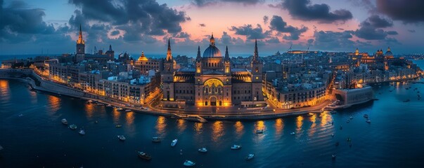 Naklejka premium Aerial view of Valletta's Basilica of St Dominic at night, South Eastern Region, Malta.