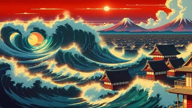 Japanese retro style village with massive arching waves red houses, ocean seascape, asian traditional art