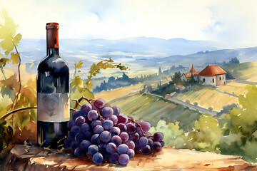 Bunch of blue grapes, red wine bottle and wine glass on landscape with hills and vineyards. Watercolor or aquarelle painting.