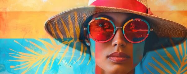 Collage of woman wearing cute hat and sunglasses. Travel concept with colorful, vintage patterns and design. Sense of adventure and wanderlust