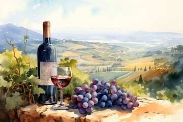 Bunch of blue grapes, red wine bottle and wine glass on landscape with hills and vineyards. Watercolor or aquarelle painting.