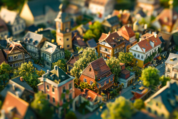 Cozy European town seen from above, resembling a miniature cityscape created by a tilt-shift lens. Generative AI.
