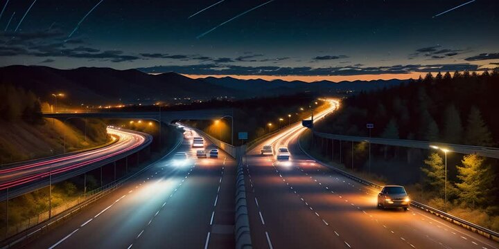 Time lapse car traffic light trails at night, urban junction intersection on highway road