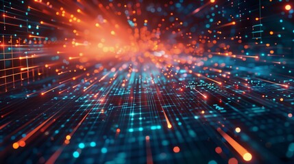 Fototapeta premium Vivid abstract digital image depicting a burst of glowing blue and orange particles racing across a grid.