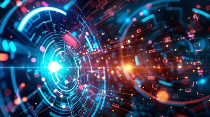 Fototapeta premium Futuristic technology background with a dynamic circular design and glowing lights in blue and red hues.