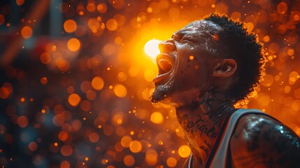 the intensity of competition as the silhouette of a basketball player celebrates a triumphant shot, captured in striking high-resolution detail - obrazy, fototapety, plakaty