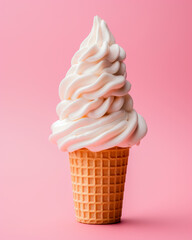 Ice cream cone topped with meringues against a soft pink backdrop. Sweet and delightful treat. Generative AI.