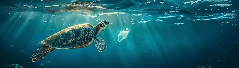 Obraz premium A sea turtle swims through a sea of plastic bags. The turtle is endangered by the plastic bags, which can entangle it and cause it to starve.