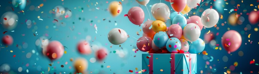 Colorful balloons float out of a beautifully wrapped present against a blue background.
