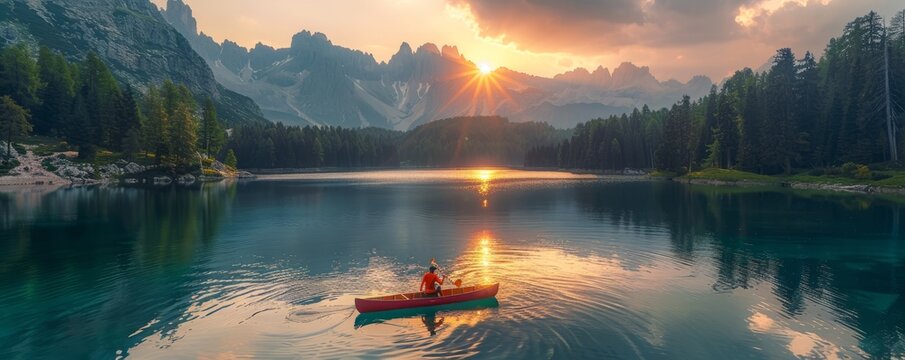 Aerial view of a person with a canoe along Misurina Lake at sunset, Auronzo di Cadore, Dolomites, Veneto, Italy.