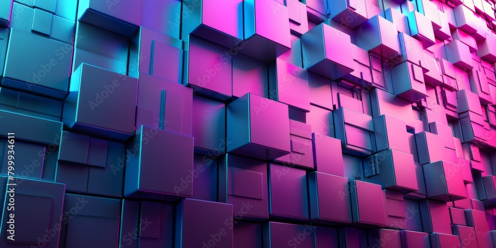 Poster Purple and Turquoise Tech Background with a Geometric 3D Structure. Clean, Stepped design with Extruded Futuristic Forms.