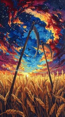 The image is a painting of a wheat field with a ladder in the foreground and a starry night sky in the background