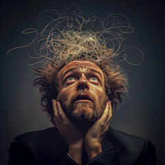 Mann with disheveled hair looking up. Concept of stress, mental health, psychological disorder. Generative AI.
