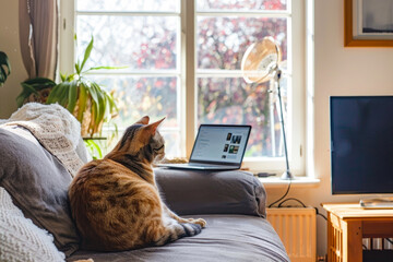 remote work concept. work from home. comfortable workplace and cute cat sitting on the sofa