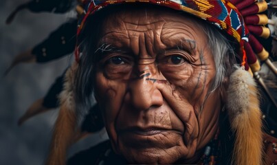 Fototapeta premium Portrait of an Adult in Traditional Indigenous Attire with a Headdress