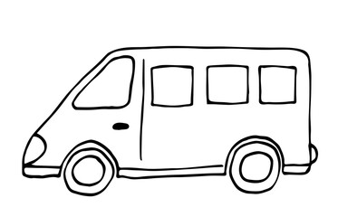 Mini bus, vehicle, car. Passenger transportation, cargo delivery. Simple vector drawing in doodle style. Sketch in ink.