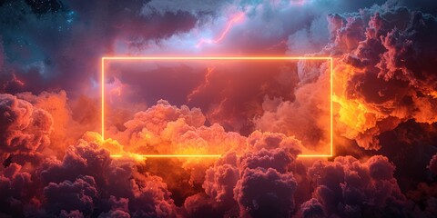 Futuristic Background Design. Cloud Formation with Orange and Yellow, Rectangle shaped Neon Frame.