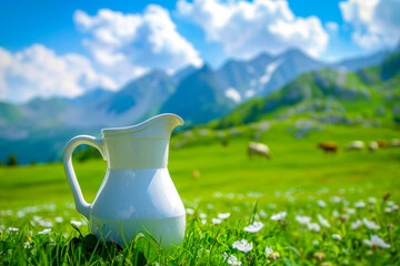 A white pristine milk jug sits against a vibrant, picturesque mountain backdrop amid lush green meadows and grazing cows. Generative AI.