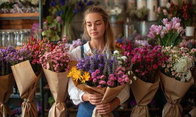 Female florist wrapping in craft paper beautiful bouquets